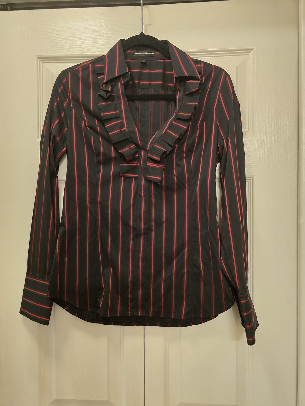 Express Design Studio Y2K Mall Goth Black Red Pinstripe Ruffle Blouse M - Picture 2 of 8